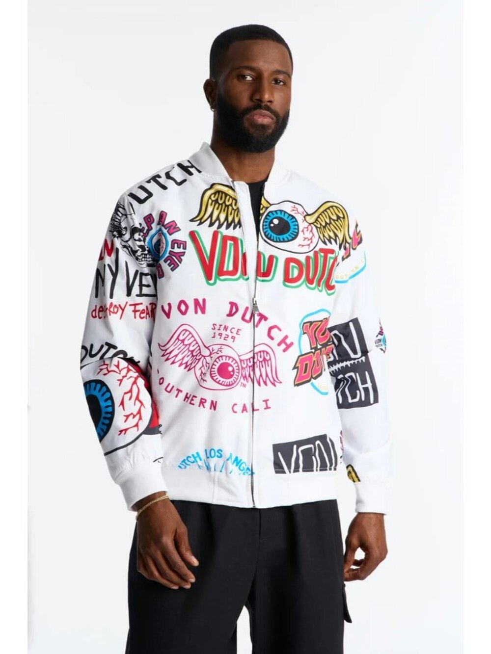 Von Dutch Men Bomber Jacket All Over Icon Print Puffer White Size Medium